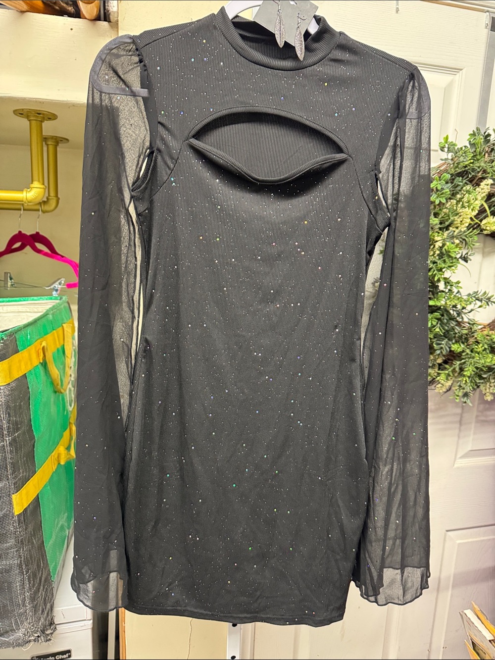 2 PC Size Small Body Con Black Glitter Costume Dress With Earrings